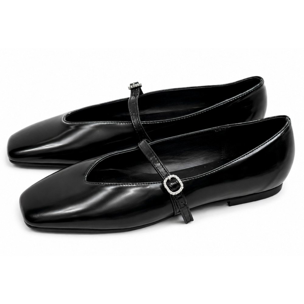 NEW MANGO MNG BLACK PATENT LEATHER EFFECT SQUARE TOE BALLET FLATS SZ 37 US 6.5 - Picture 4 of 9